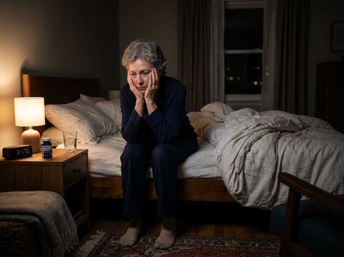 Woman frustrated and unable to sleep due to ear noise