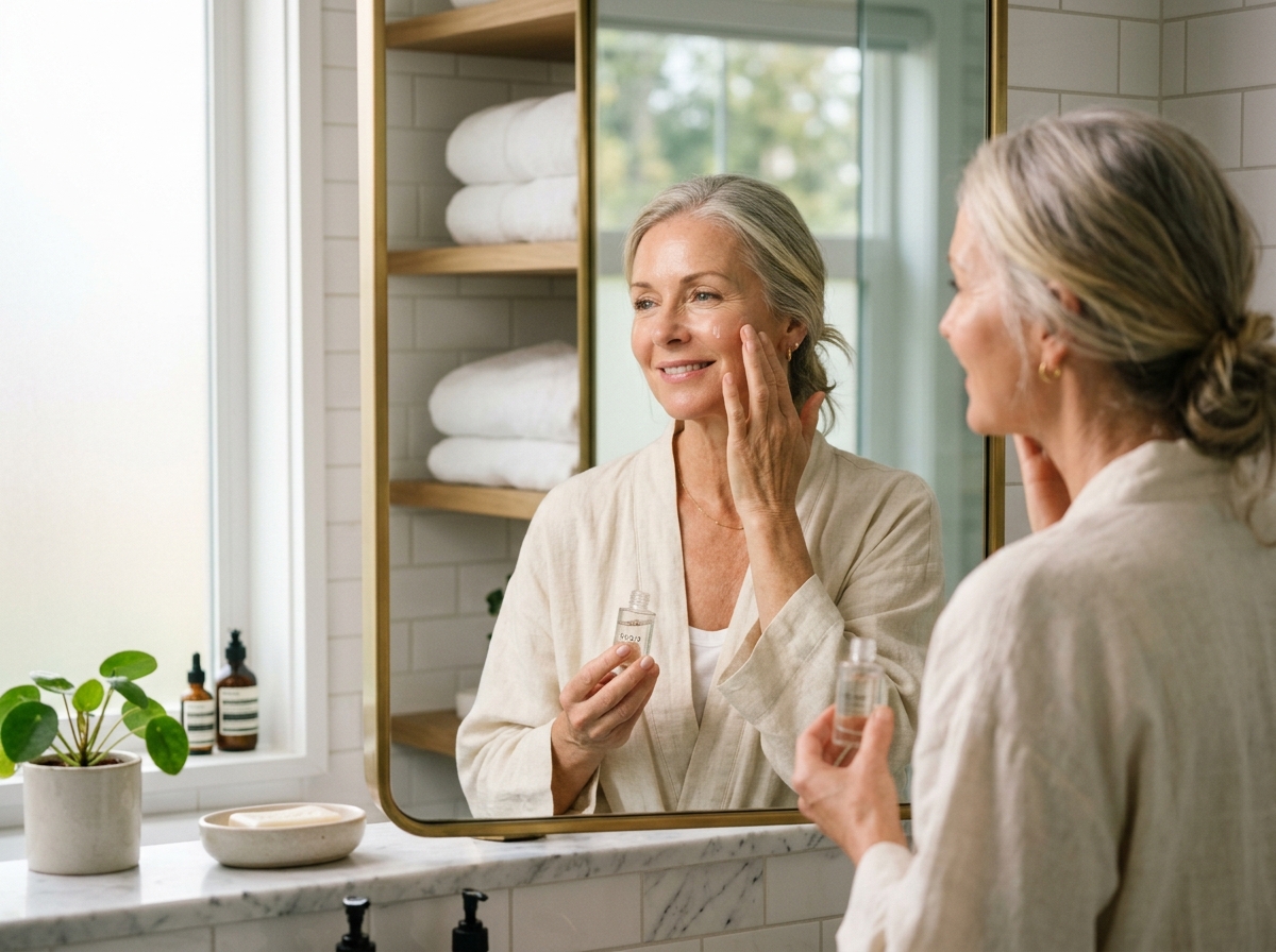 Woman applying anti-aging peptide serum