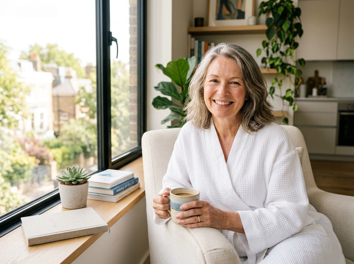 Radiant mature woman enjoying morning coffee