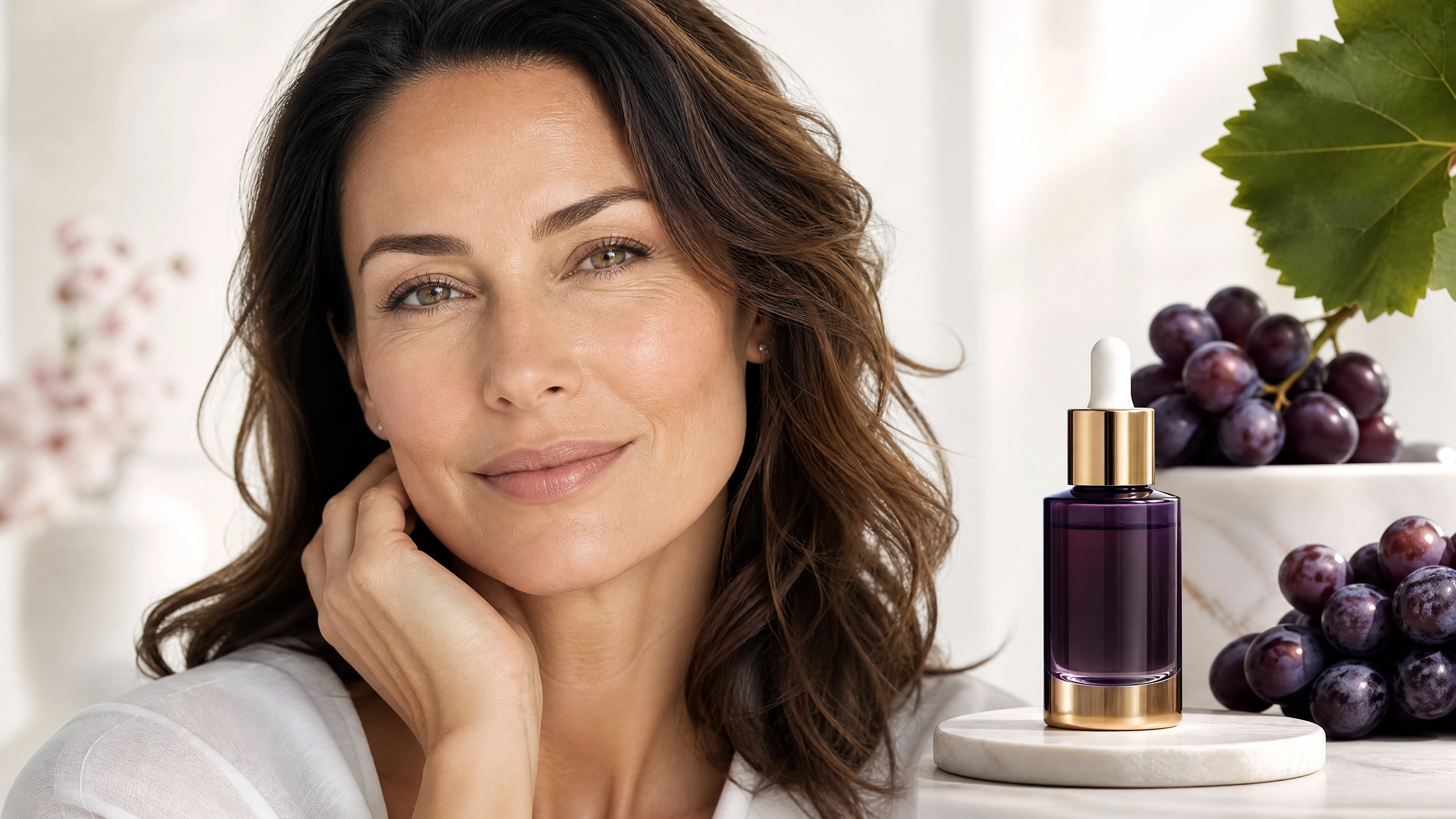 Resveratrol: Juventude e Vitalidade para a Pele 40+ Mulher radiante com pele saudável e produtos de Resveratrol